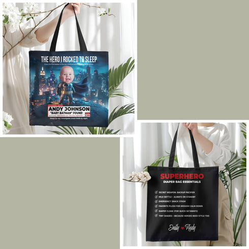 Personalized Superhero Baby Tote Bag – Baby Batman Design with Custom Photo & Quote